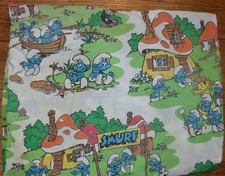 VINTAGE Smurfs 1980s TWIN FITTED SHEET Village Papa Smurf Gargamel fabric