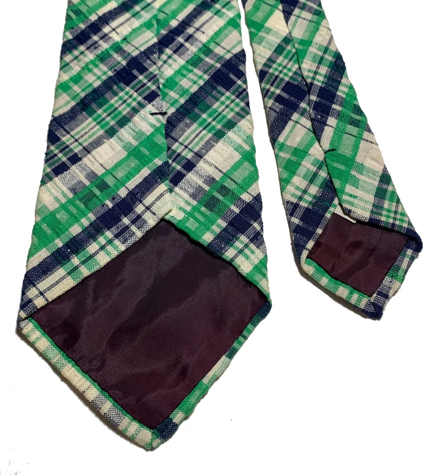 Corbata ancha Seersucker a cuadros verde + azul vintage años 70 para hombre 55,5" L/4,25" Foto 4 de 4