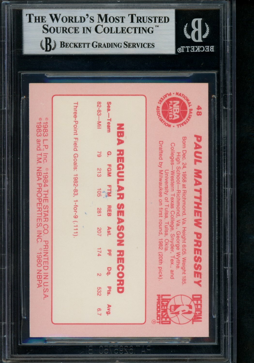 1983-84 Star #48 Paul Pressey SP XRC BAS BGS Auto "True Rookie Card" ("TRC")
