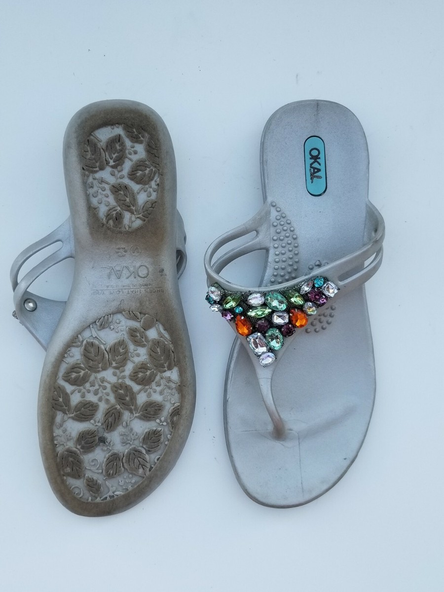 Okal Flip Flop Sandals silve Metal Tone Women's Size M 7