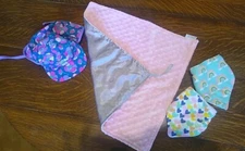 MEG ORIGINAL Satin and Minky Dot Baby Security Blanket Lovey, Sun Hat, 2 Bibs 