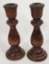 Vintage Wood Candlestick Holders MCM Metal Inserts Felt Bottom 1970s