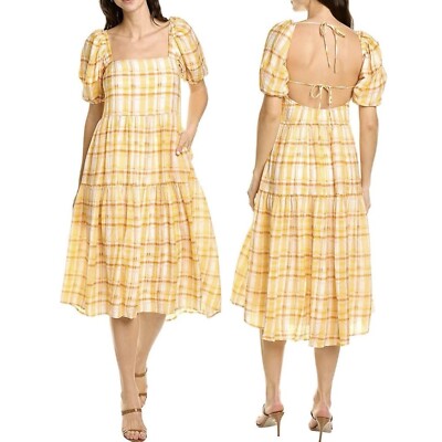 New ASTR Plaid Puff Sleeve Tie Open Back Tiered Midi Dress Orange Yellow  Small | eBay