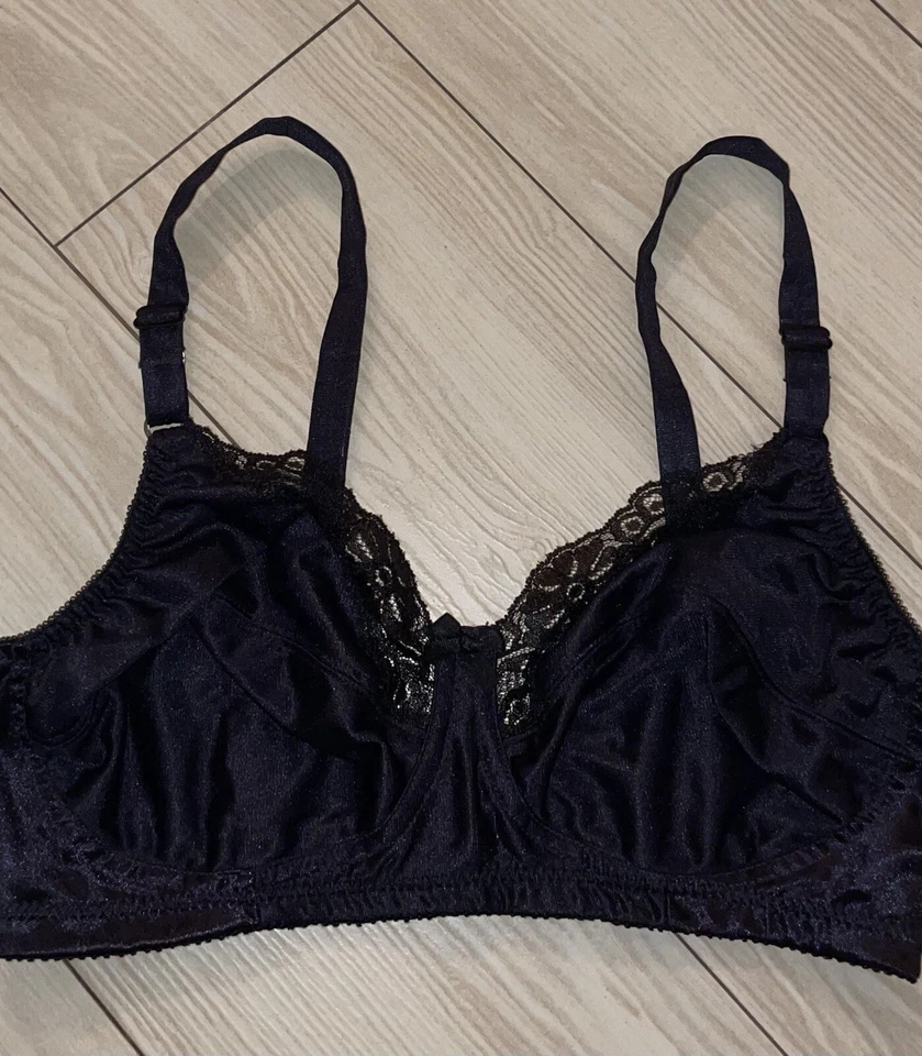 Sujetador vintage de colección adorable 3409 satinado y encaje sin cables para mujer 36C negro Foto 3 de 4