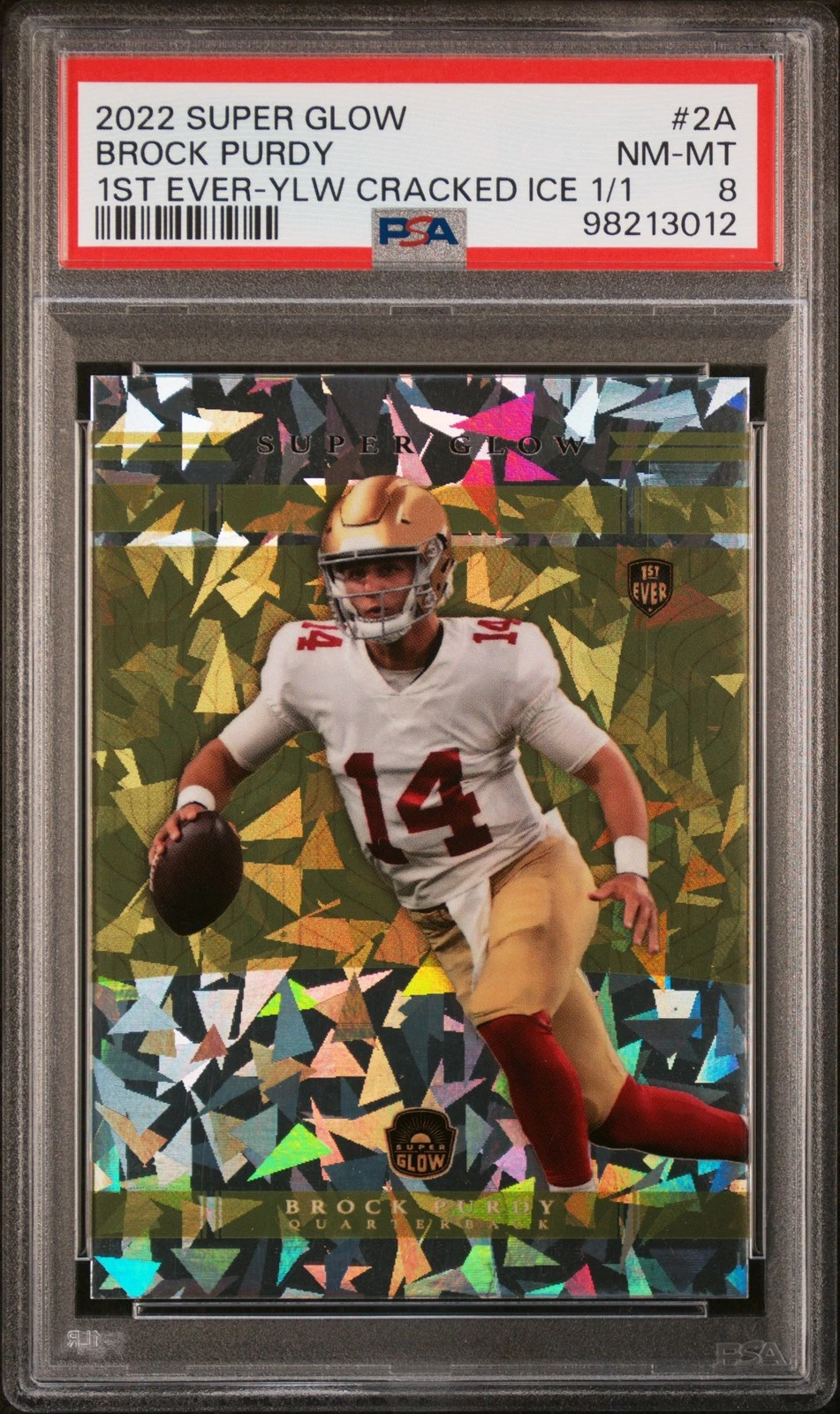 Brock Purdy Super Glow Purdy 1st Ever Power Collector #2A Yellow Cracked Ice 1/1