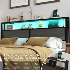 Metal Bed Frame Full/Queen/King Platform Bed with LED Lights & Charging Station