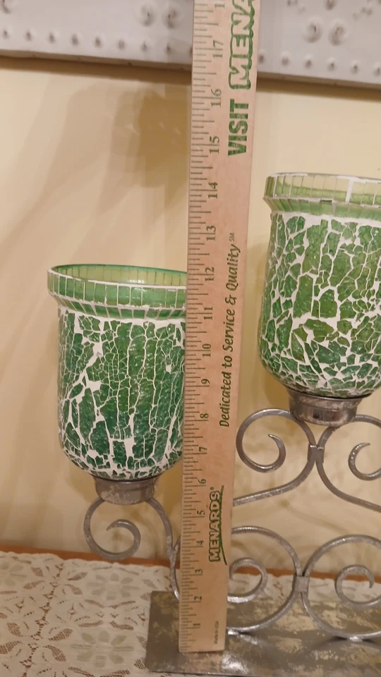 Precioso juego de 3 candelabros de vidrio de mosaico verde espuma de mar huracán adjuntos Foto 4 de 4