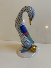 HEREND Porcelain Large GOOSE with Gold Egg Blue Fishnet Figurine