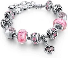 PANDORA SILVER BRACELET WITH CRYSTAL HEART AND LOVE EUROPEAN CHARMS