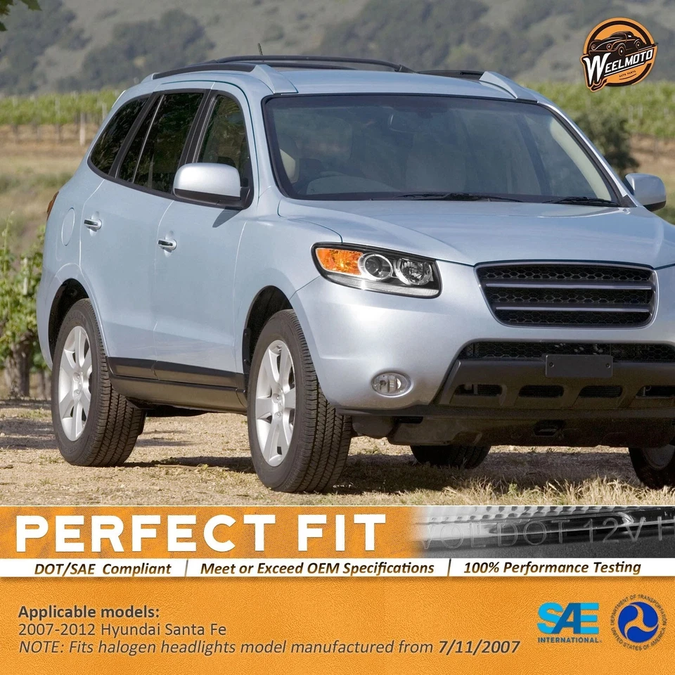 Pair Headlights For 2007-2012 Hyundai Santa Fe Halogen Black Headlamps - Изображение 3 из 4