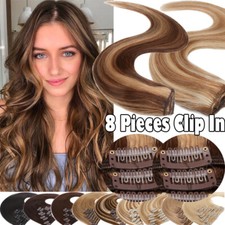 Seamless 100 Human Hair Clip In REAL REMY Hair Extensions Full Head Balayage 8A