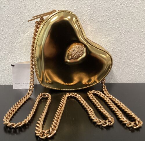 Kurt Geiger Kensington Metallic Gold Leather Heart Crossbody Bag 7" x 2.25" x 6"