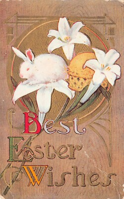 Antique Easter Card Miniature Bunny Rabbit Lily Flower Petals Vtg Postcard W3