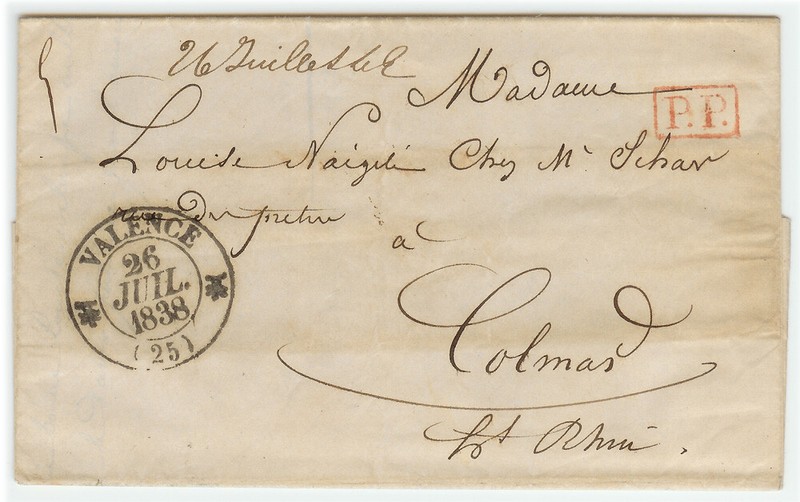 France stampless cover 1838 Valence to Colmar - interesting text * cover494