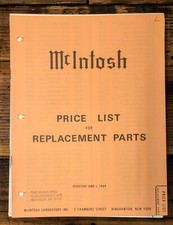 McIntosh Price List for Replacement Parts 1969 Service Manual Original 