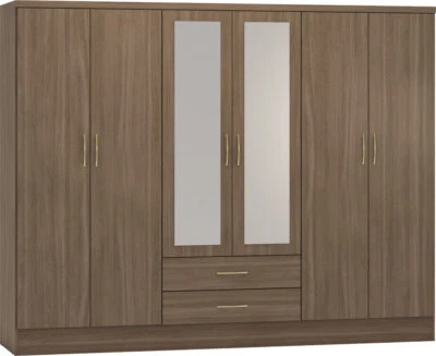SECONIQUE NEVADA RUSTIC OAK EFFECT 6 DOOR 2 DRAWER MIRRORED WARDROBE