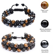 2 Pcs Healing Crystal Energy Bead Tiger's Eye Triple Protection Bracelet for Men