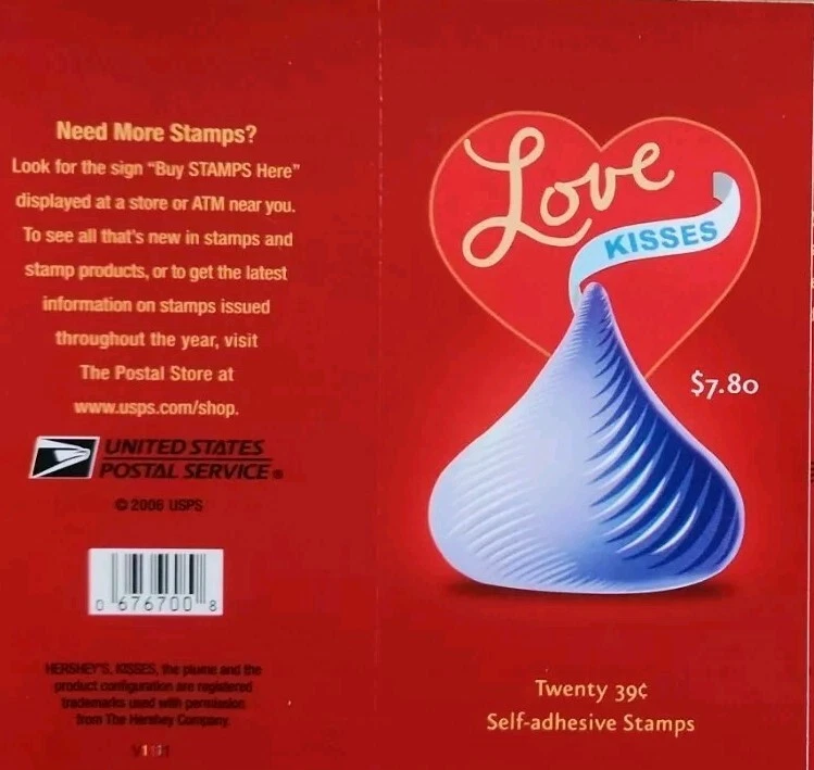 Una hoja x 20 de estampillas postales de Hershey's LOVE KISSES 39¢ USPS 2006 Foto 3 de 4