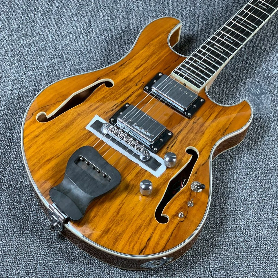 Guitarra Eléctrica Languedoc Semi Hueca Parte Superior y Trasera Dividida Negro Diapasón Amarillo Foto 4 de 4