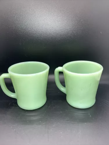 2 Vintage Fire King Jadeite Restaurant Ware Handle Coffee Mugs Oven Glass RARE