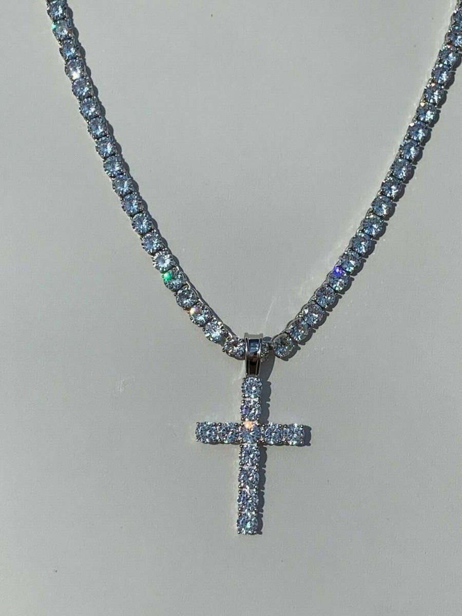 Real Solid 925 Silver 6mm Single Row Tennis Chain W. Cross Icy