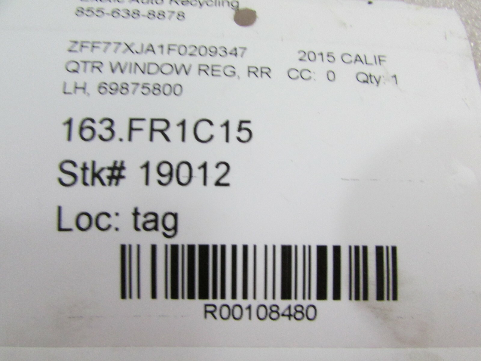 Ferrari California, LH, Left Quarter Window Regulator, Used, P/N 69875800