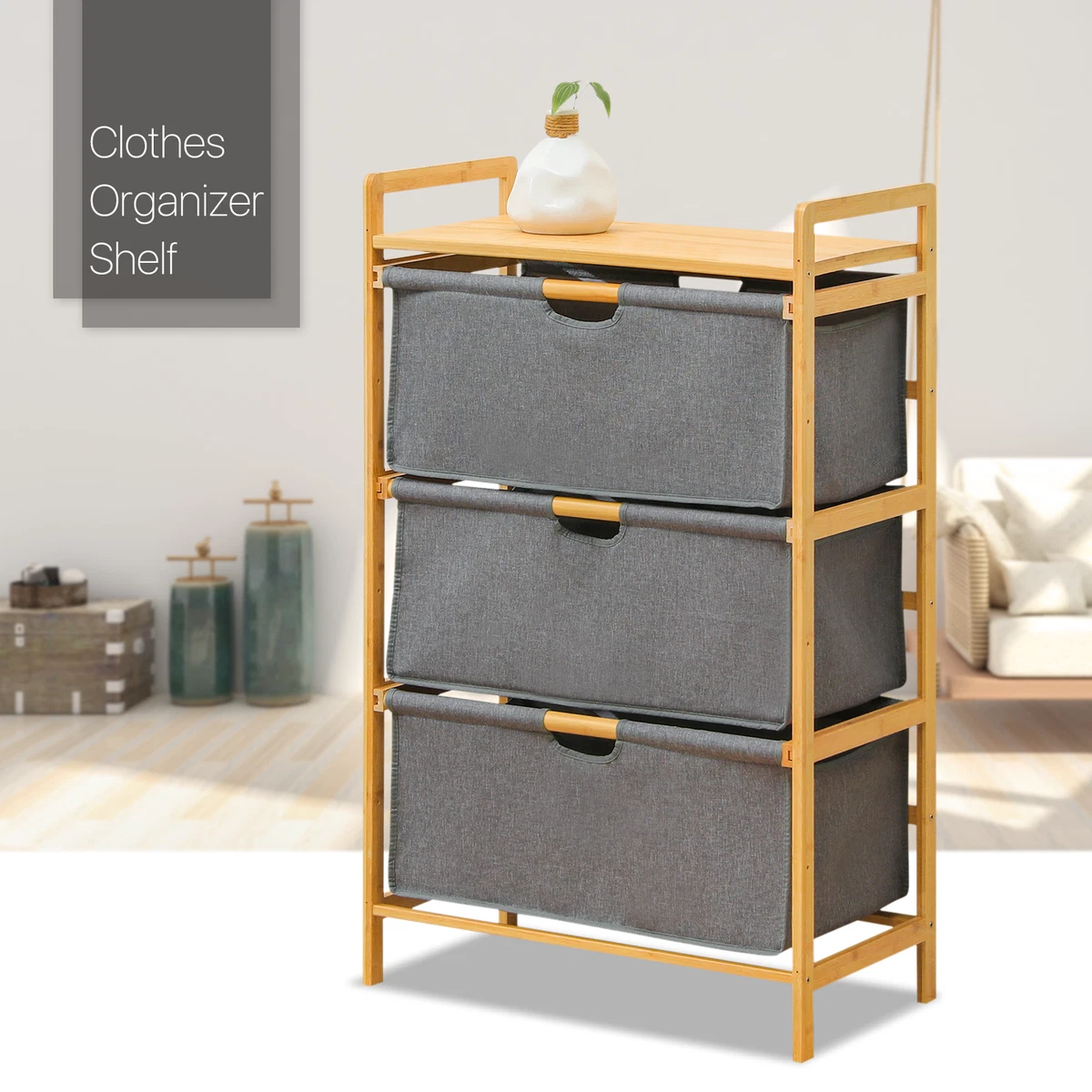 24Bamboo 3-Tier [FABRIC CHEST OF DRAWER] Clothing Organizer Toy Storage  Cabinet