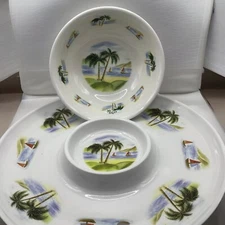Melamine Ware Chip and Dip Tray Tropical Palm Tree Sailboats W/ Matching Bowl