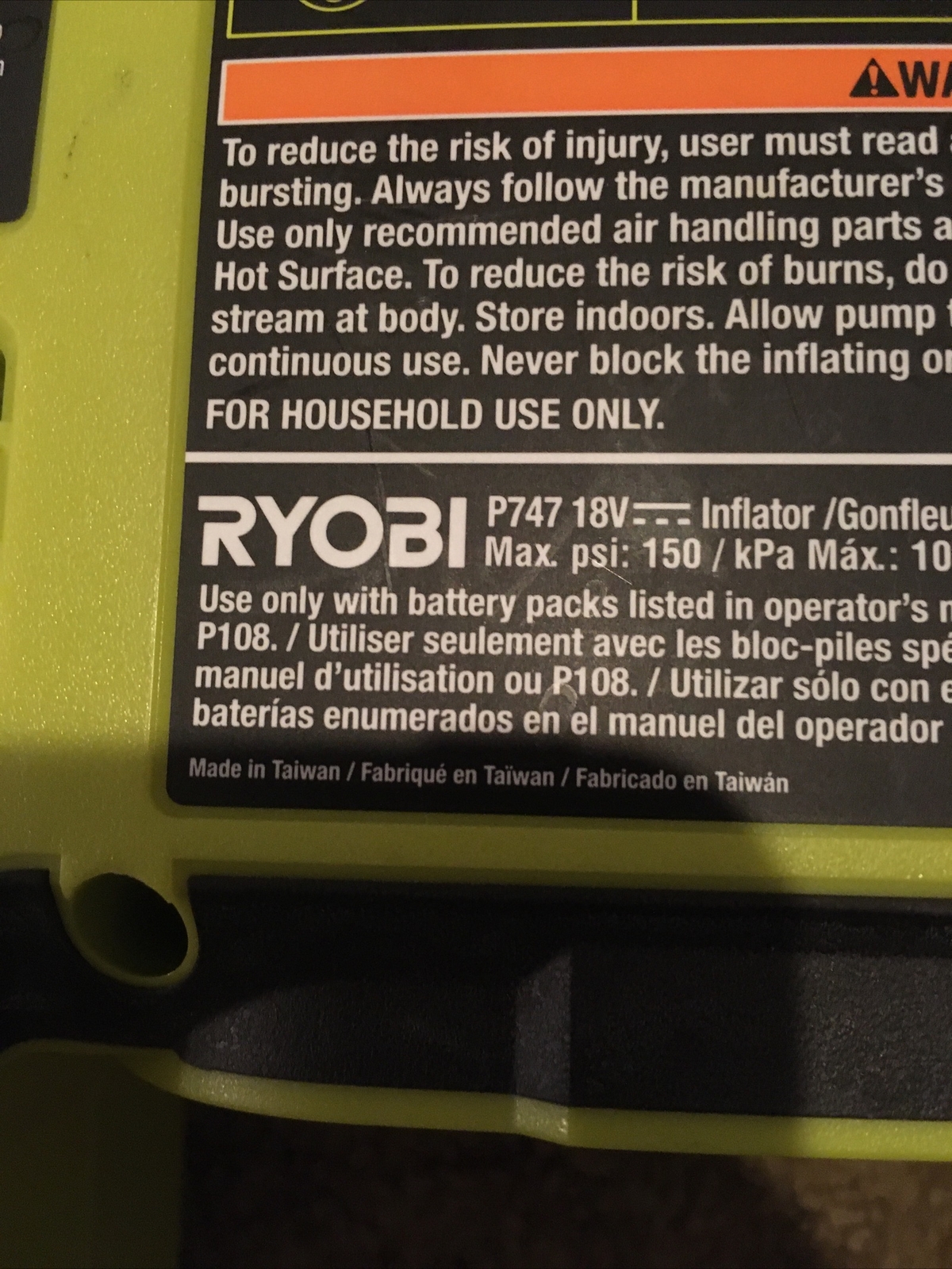 Ryobi P747 One+ 18V Dual Function InflatorDeflator FOR PARTS Not