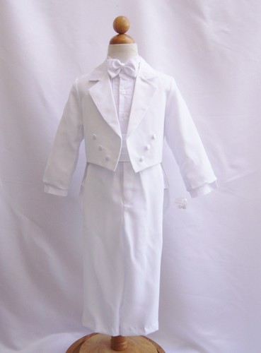 Boys Tailed Penguin White Tuxedo suit Satin fancy wedding Bow tie vest pants - Picture 4 of 4