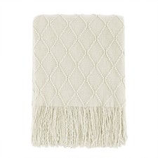 Beige Boho Knitted Throw Blanket 50x60 Soft Lightweight Sofa Couch Bed Decor