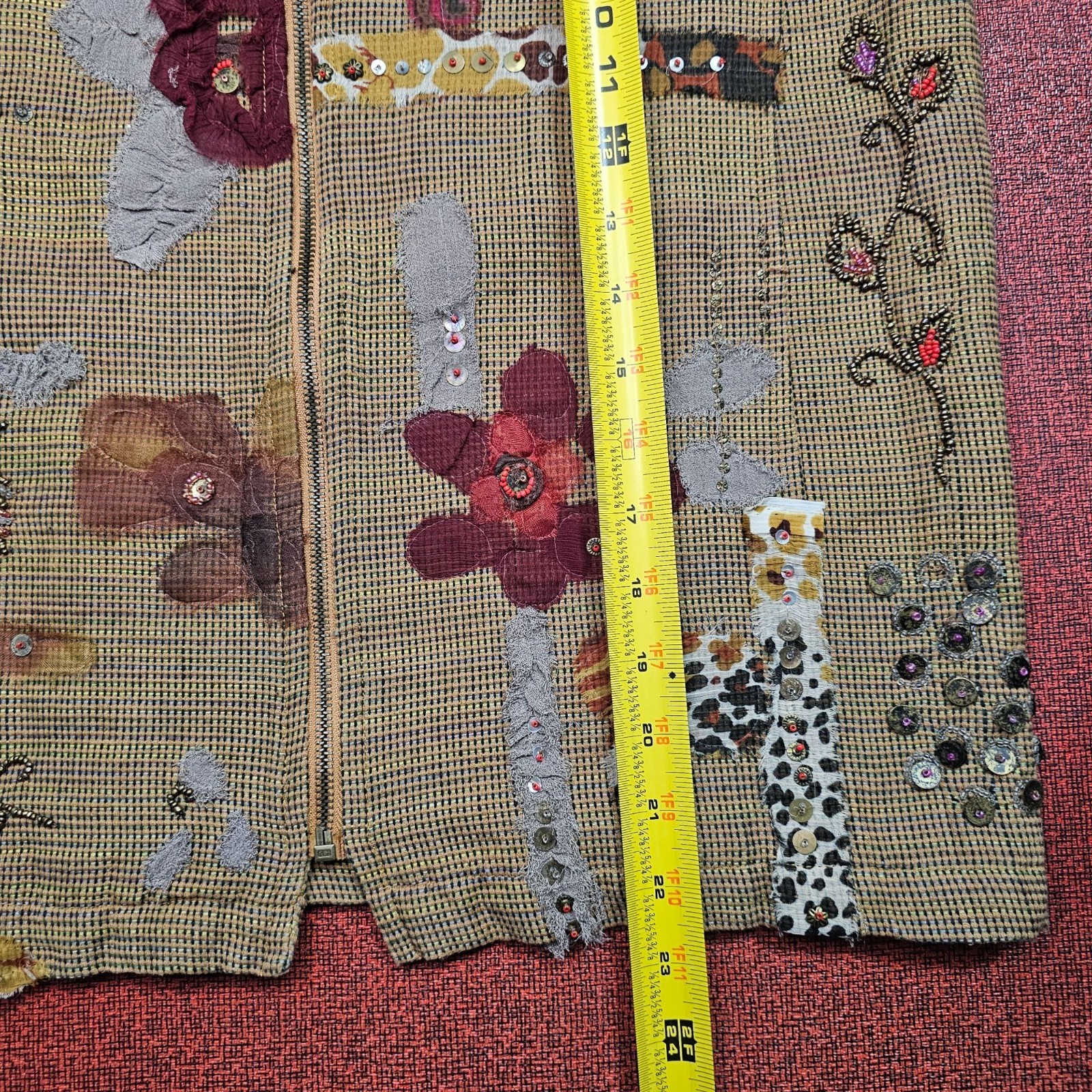 Eclectic Artsy Patchwork Full Zip Jacket S Brown … - image 7