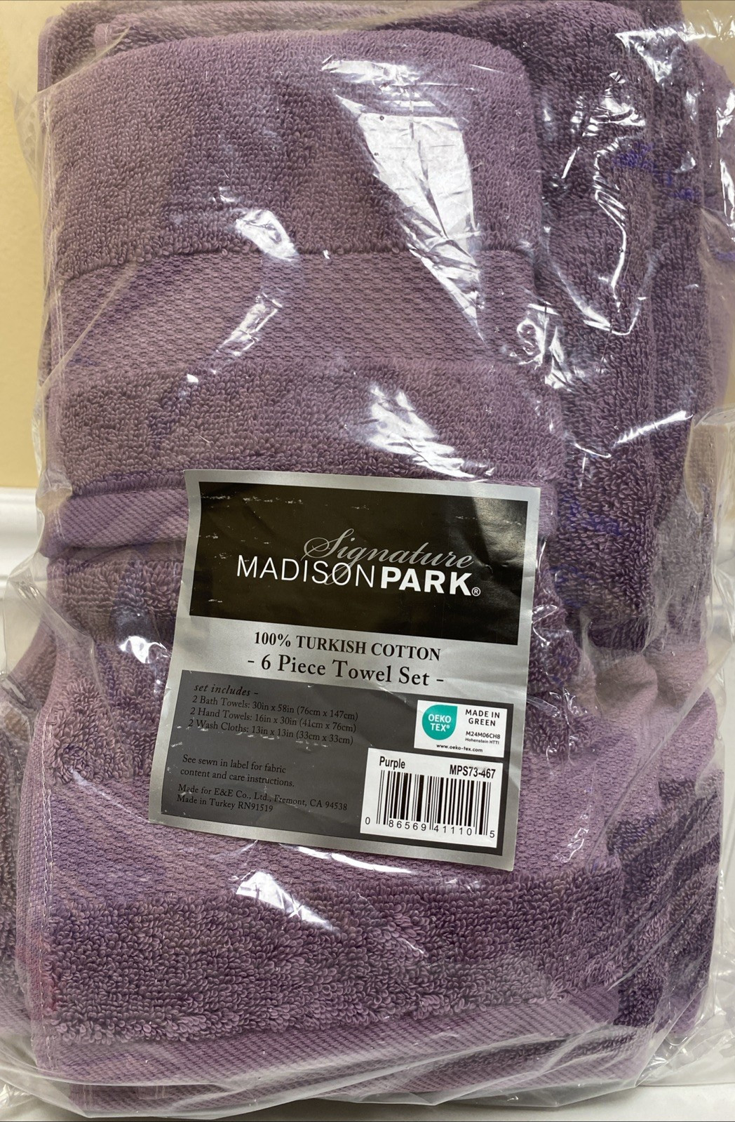 MADISON PARK SIGNATURE 100% Turkish 6 Piece Cotton Towel Set Purple NEW