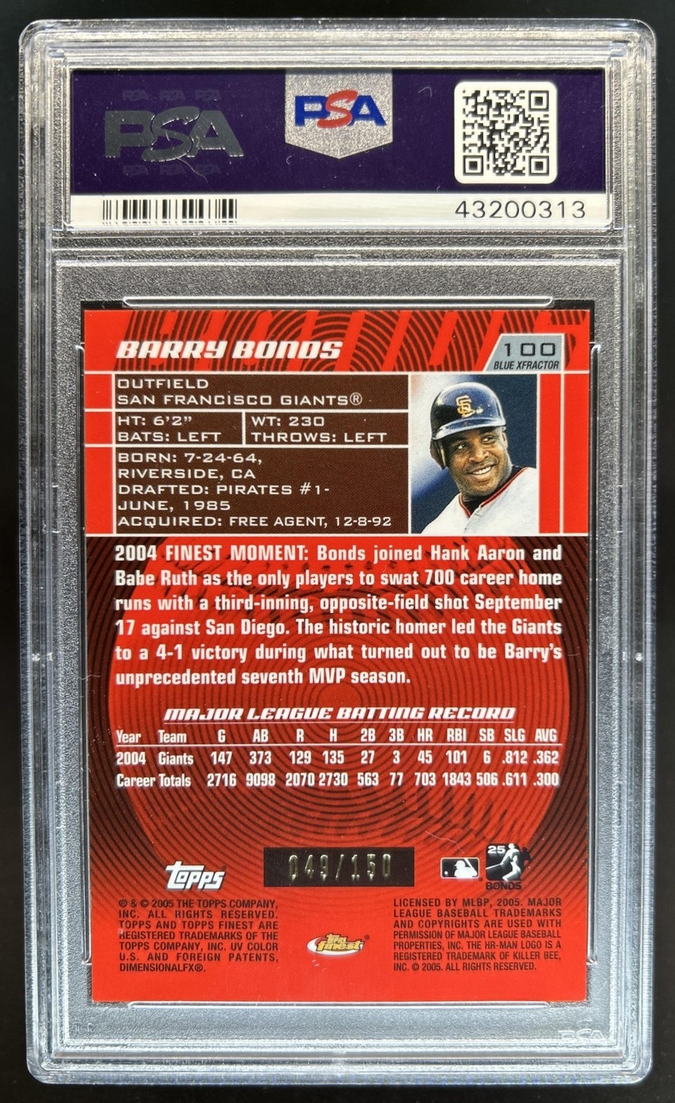 2005 Topps Finest Barry Bonds X Fractors Blue #/150 Giants PSA 10 GEM MINT view 2