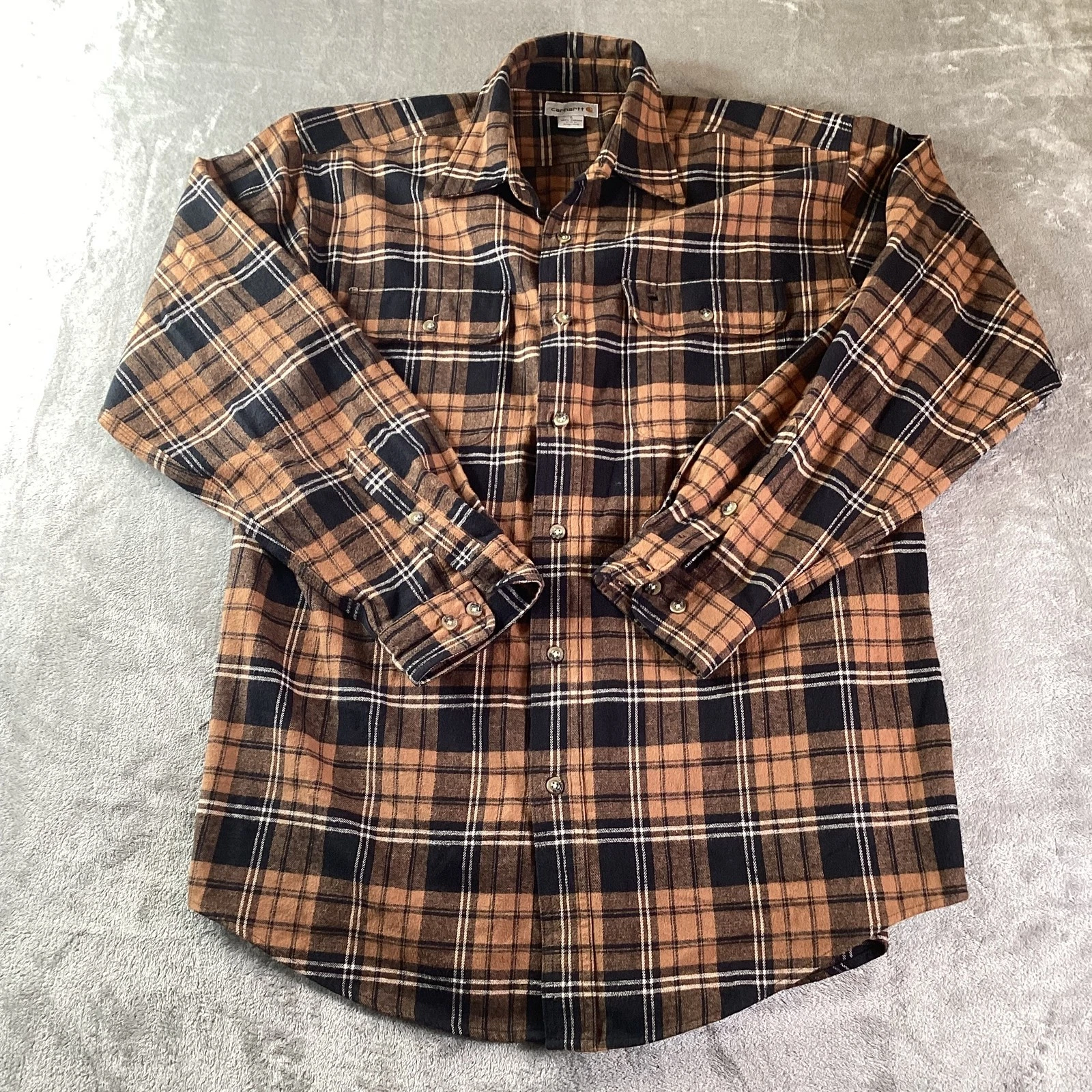 Carhartt Shirt Mens Large Brown Black Plaid Flannel Button Up Workwear Cotton
