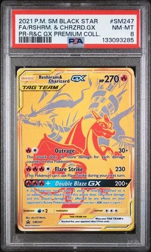 2021 POKEMON SM BLACK STAR PROMO #SM247 FULL ART/RESHIRAM & CHARIZARD GX PSA 8
