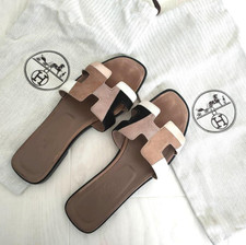 HERMES Color Oran Beige Suede Flat Sandals Shoes Size 37.5 US 7.5 Women's
