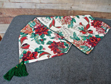 Fabric Table Runner Red Poinsettias Holly Bows 69" x 15"