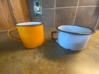 Ass't Enamelware Cups: Yellow, Orange, Green and White. 2.5"-3" tall. Set of 4.  — photo 7