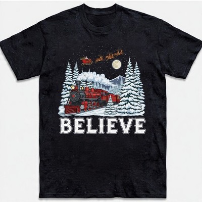 Believe T-Shirt Santa Sleigh Train Xmas Winter Forest Kids Xmas Gift Sweatshirt
