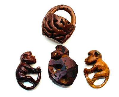 Lot of 4 Carved Peach Pit Beads Miniature Figurines Hediao 3 Monkeys and Basket