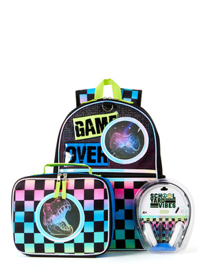 Dinosaur Boys 16'' 3 Piece Headphone with Lunch Backpack Set, Black Multi-Color