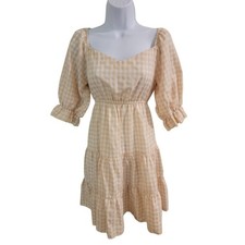 SHEIN Beige Gingham Puff Sleeve Tiered Midi Dress Size M