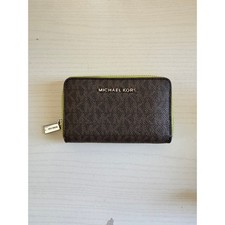 Michael Kors Brown Monogram Lime Green Zip Around Small Card Case Wallet