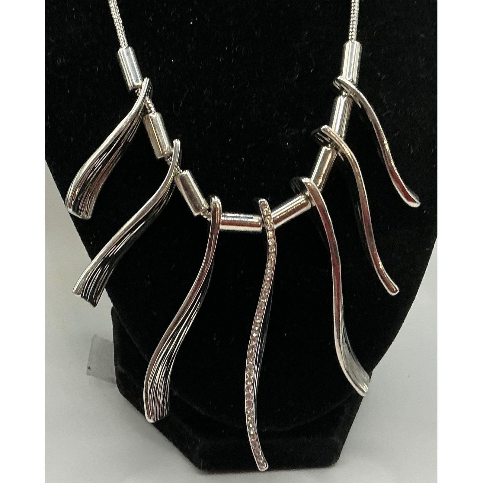 Modern Abstract Silver-Tone Statement Necklace Rh… - image 2