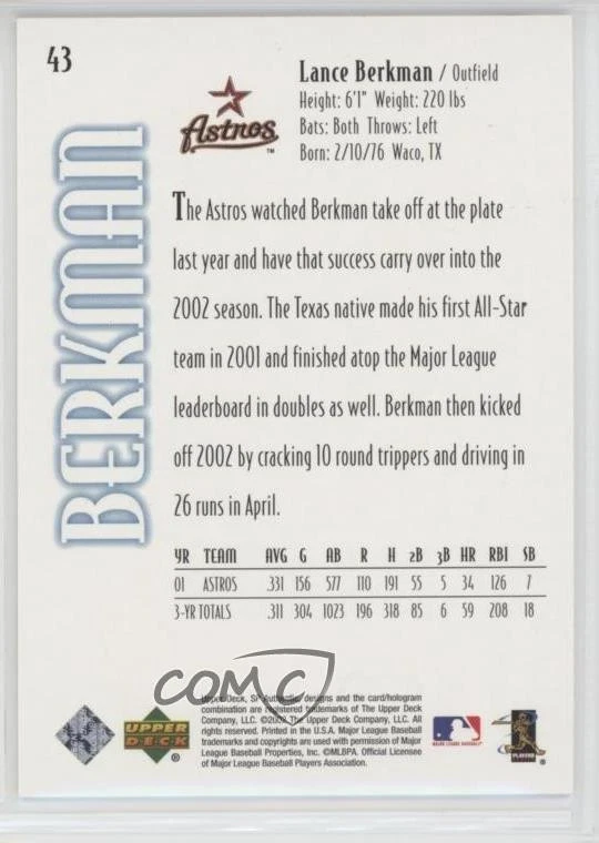 2002 SP Authentic Limited Missing Serial Number Lance Berkman #43 - Image 2 of 2