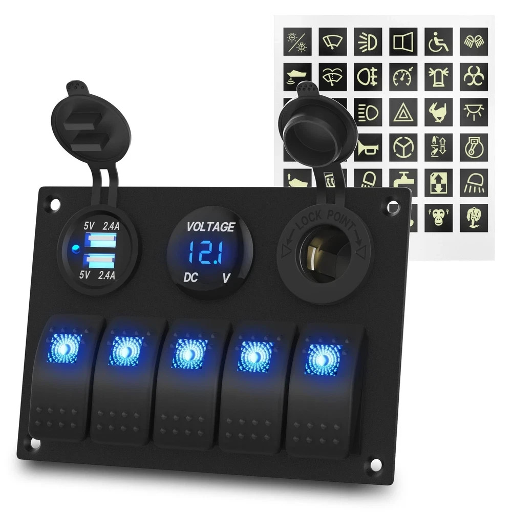 Waterproof Marine Switch Panel, 5 Gang Rocker Switch Panel 12V/24V for Boat