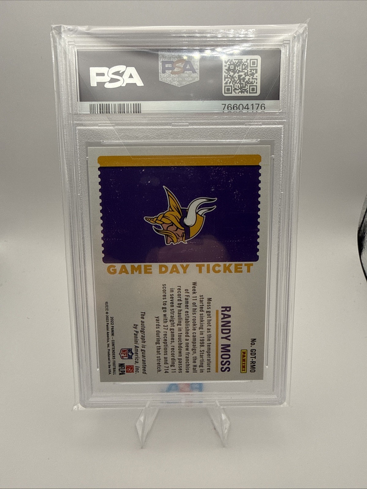 Randy Moss /25 - 2022 Panini Contenders #GDT-RMO - Game Day Auto PSA 10 Pop 4 view 2