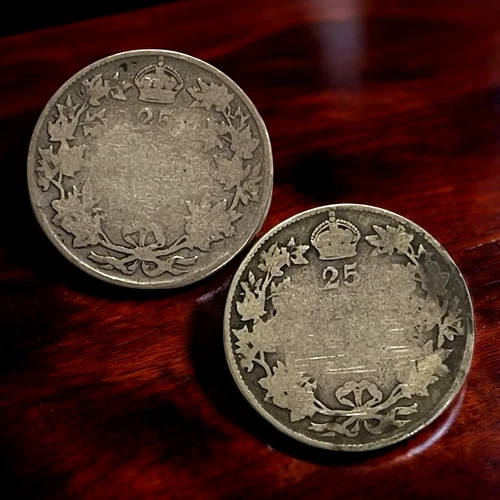 No Date ND Canada 80% - 92.5% ?? Silver 25 Cents $0.50 FV Face Value 2 Coin Lot