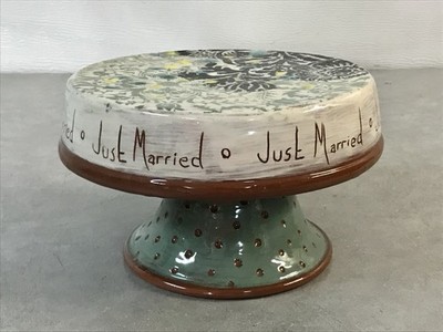 Handmade Pedestal Wedding Cake Stand Glazed Terra Cotta  Just Married 